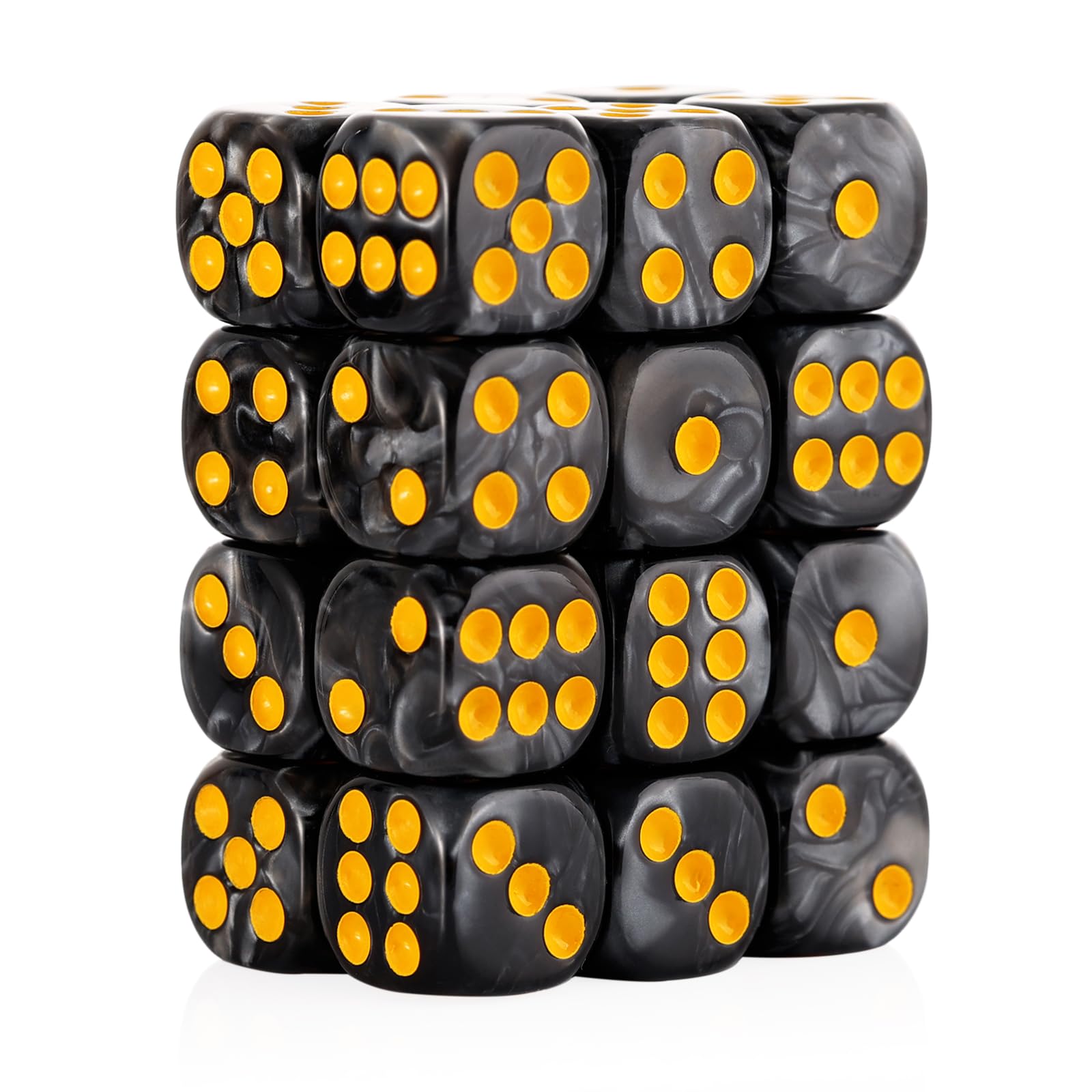 Photo 1 of 24 of Pack 16MM 6 Sided Dice Set,Pearl Pattern D6 Game Dice Set, 6 Sided Standard Dices for Yahtzee, Bunco or Teaching Math,with Portable Dice Pouch(Black Pearl)