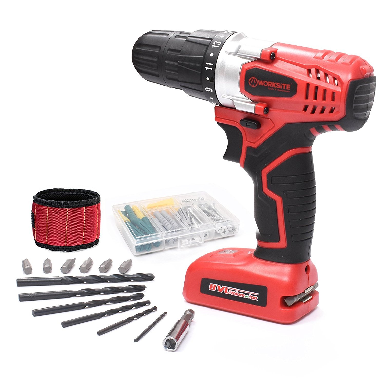 WORKSITE 8V Electric Cordless Drill Screwdriver with 1300mA Lithium-Ion Battery, 16 Position Keyless Clutch, Variable Speed Switch, Lightweight, Built-in LED Light, 13 Pcs Bits Set, Magnet Wristband