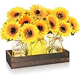 BLEUM CADE Centerpiece Table Decorations - Mason Jar Lights Centerpiece for Kitchen Dining Table Farmhouse Coffee Table Wedding Home Decor with 3 Jars Sunflowers Artificial Flowers & Wood Tray