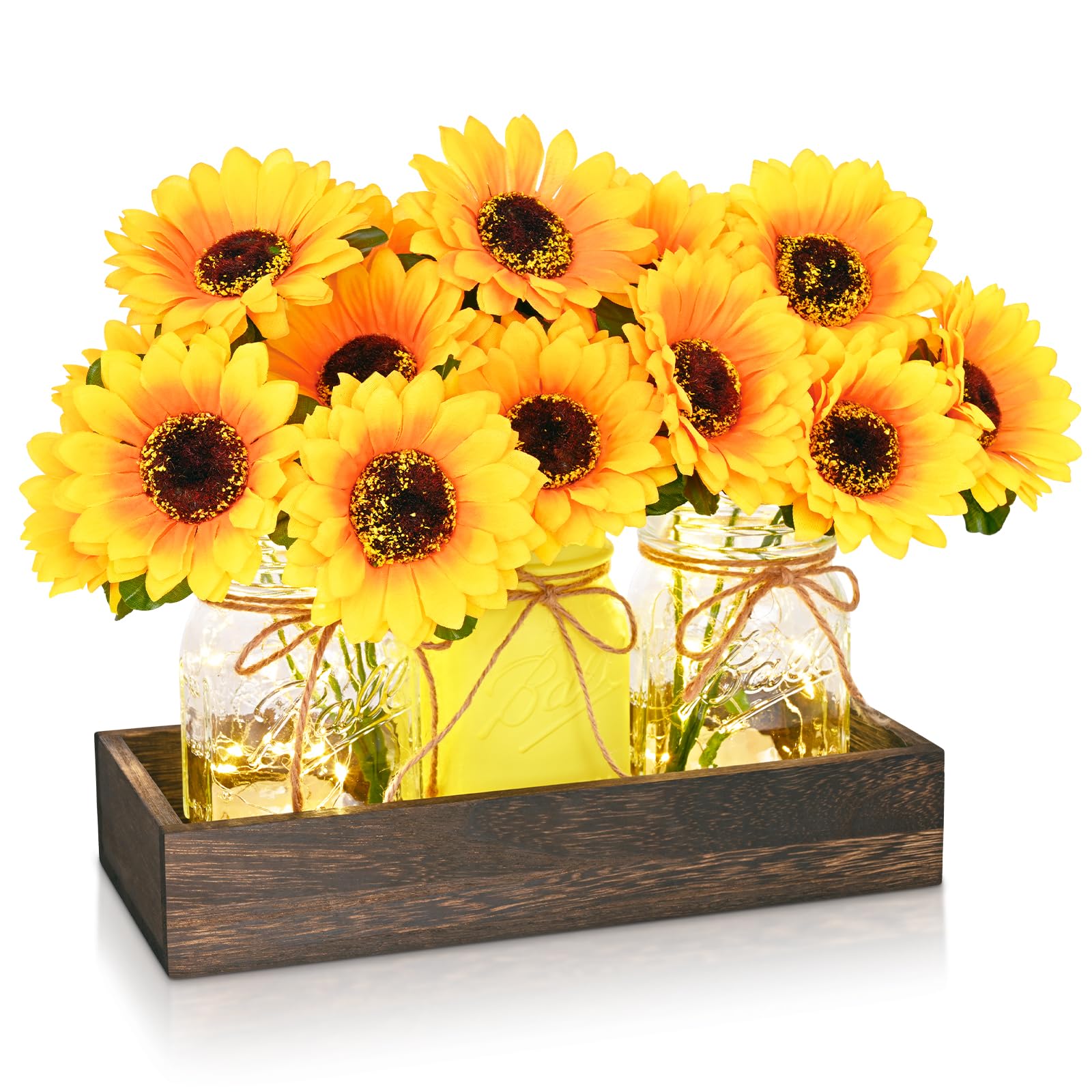 Photo 1 of Centerpiece Table Decorations - 3Pcs Sunflowers Artificial Flowers in Mason Jars with Wood Tray for Dining Table Coffee Table Farmhouse Room Decor