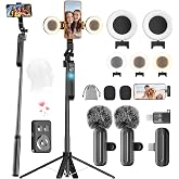 71" Auto Face Tracking Tripod for iPhone with 2 Lights, 2 Mics &amp; Remote | Auto 360&deg; Rotation, Solidest Extendable Cell Phone Stand, No App, Vlogging Kit for Android, Video Recording, YouTube/TikTok