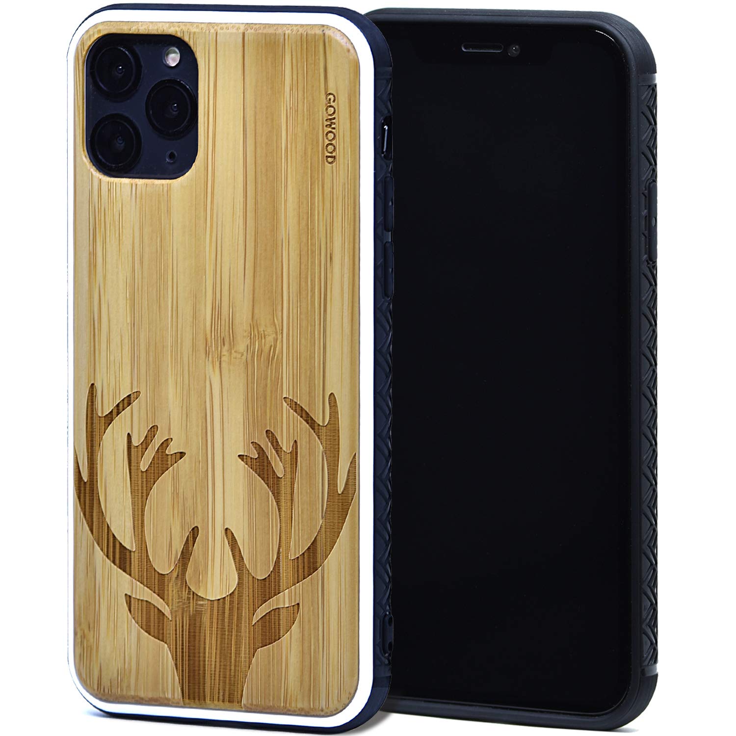GOWOOD Wooden Case for iPhone 11 Pro with Shock Absorbing Anti-Slip TPU Bumper and Deer Engraved Bamboo Wood Backside