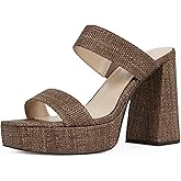 Modatope Platform Heels for Women Square Open Toe Chunky Heel Platform Sandals Two Strap Slip On Heels Wedding Party Dress Shoes