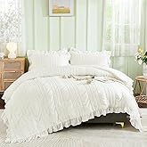 WONGS BEDDING White Comforter Set King,3 Pieces Ruffle Farmhouse Shabby Chic Boho Comforter for King Bed,Soft Textured Bedding Set with 1 Ruffle Comforter,2 Tufted Pillowcases 104"×90"