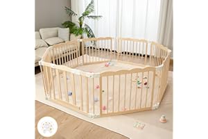 KUPOCNEO Baby Playpen Natural Wood Playpen for Babies and Toddlers Portable Infant Play pens for Kids Extra Large Toddler Wood Fence Play Area with Suction Cups(Foldable Connector)
