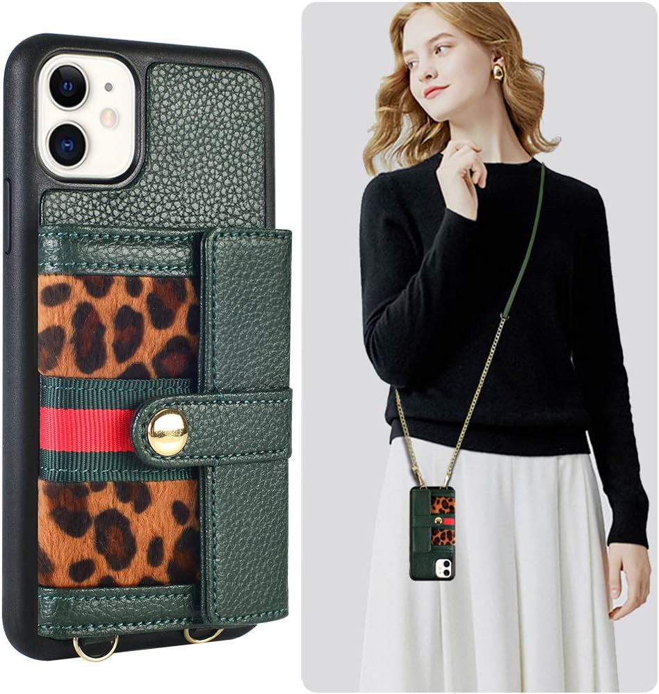 JLFCH iPhone 11 Wallet Case, iPhone 11 Crossbody Case Leopard Print with Zipper Credit Card Slot Holder Wrist Strap Lanyard Protective Women Girl Purse for iPhone 11 6.1 inch - Midnight Green