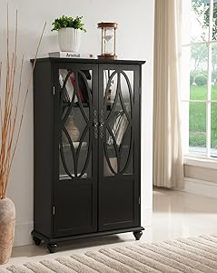 Kings Brand Furniture- Halswelle 2-Door Black Curio Bookcase Cabinet with Glass Doors