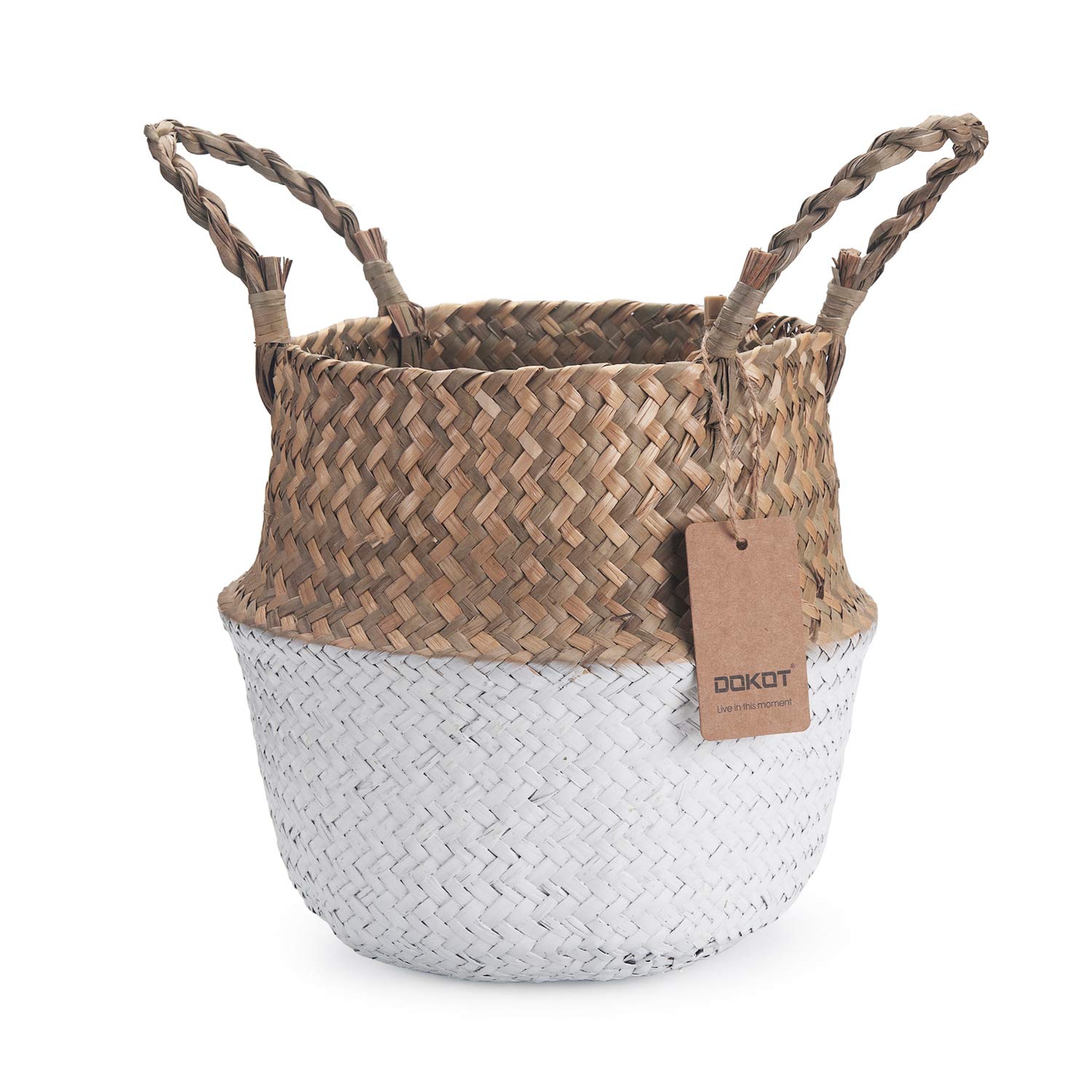 DOKOT Seagrass Belly Basket Natural Woven Plant Pot Foldable with Handles for Storage Laundry Blankets Toys (Natural + White)