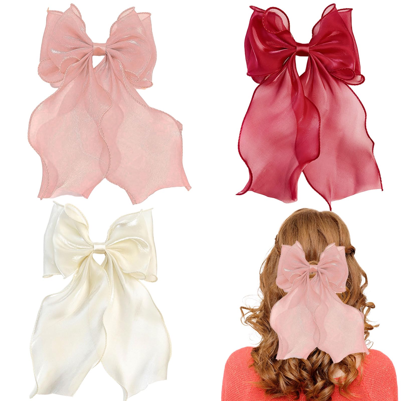 GWAWG Purple Bow Hair Clip Set - 3 Pcs Hair Bows for Girls, Women Hair Accessories, Elegant Pink, Black, White Bow Clips, French Automatic Hair Pins, Decorative Hair Bow Set (White Pink Red)