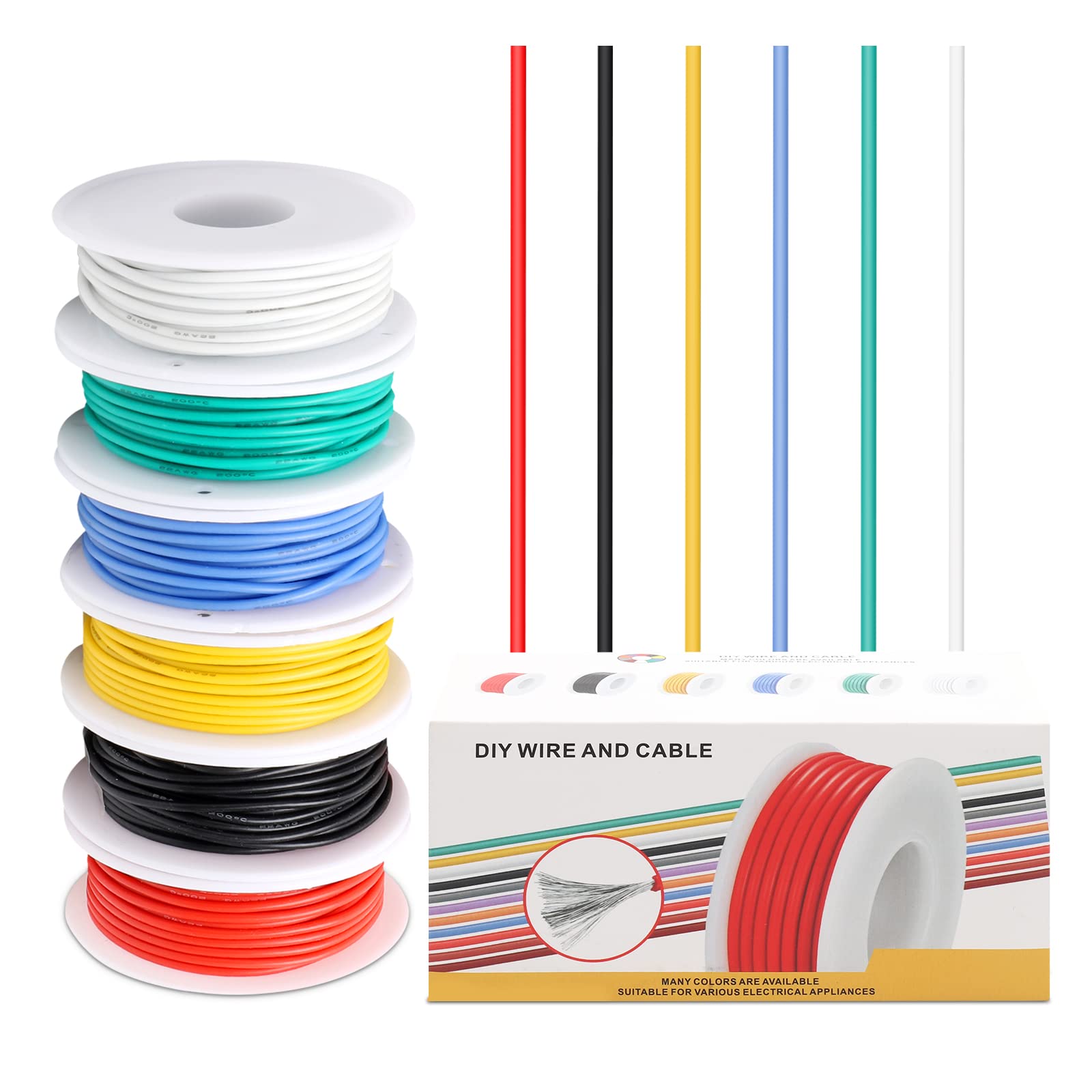 Coomoors 24AWG Electrical Wire Kit 24 Gauge Silicone Electric Wire Tinned Copper Cable 6 Colors 7 Meters Each Electric Cable Set Hook Wire Flexible and Soft for DIY, Blue,Green,White