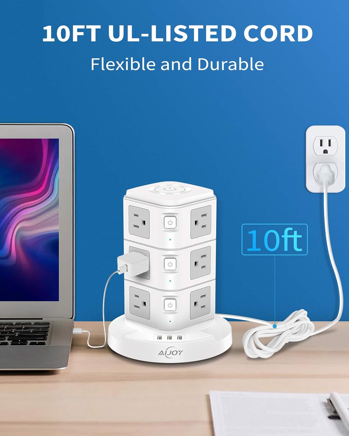 AiJoy Surge Protector USB Power Strip Tower with Top Night Light,10ft Extension Cord with 12 Outlets,3 USB Ports(MAX 3.1A) and 3 Individual Switches, Fast Charging Station for Home and Office: Electronics