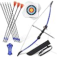 crazymouse Bow and Arrow for Teens Beginners Adults Longbow Kit 8 Arrows 5 Target Face Archery Recurve Bow Set Backyard Games Gift for Outdoor Sports