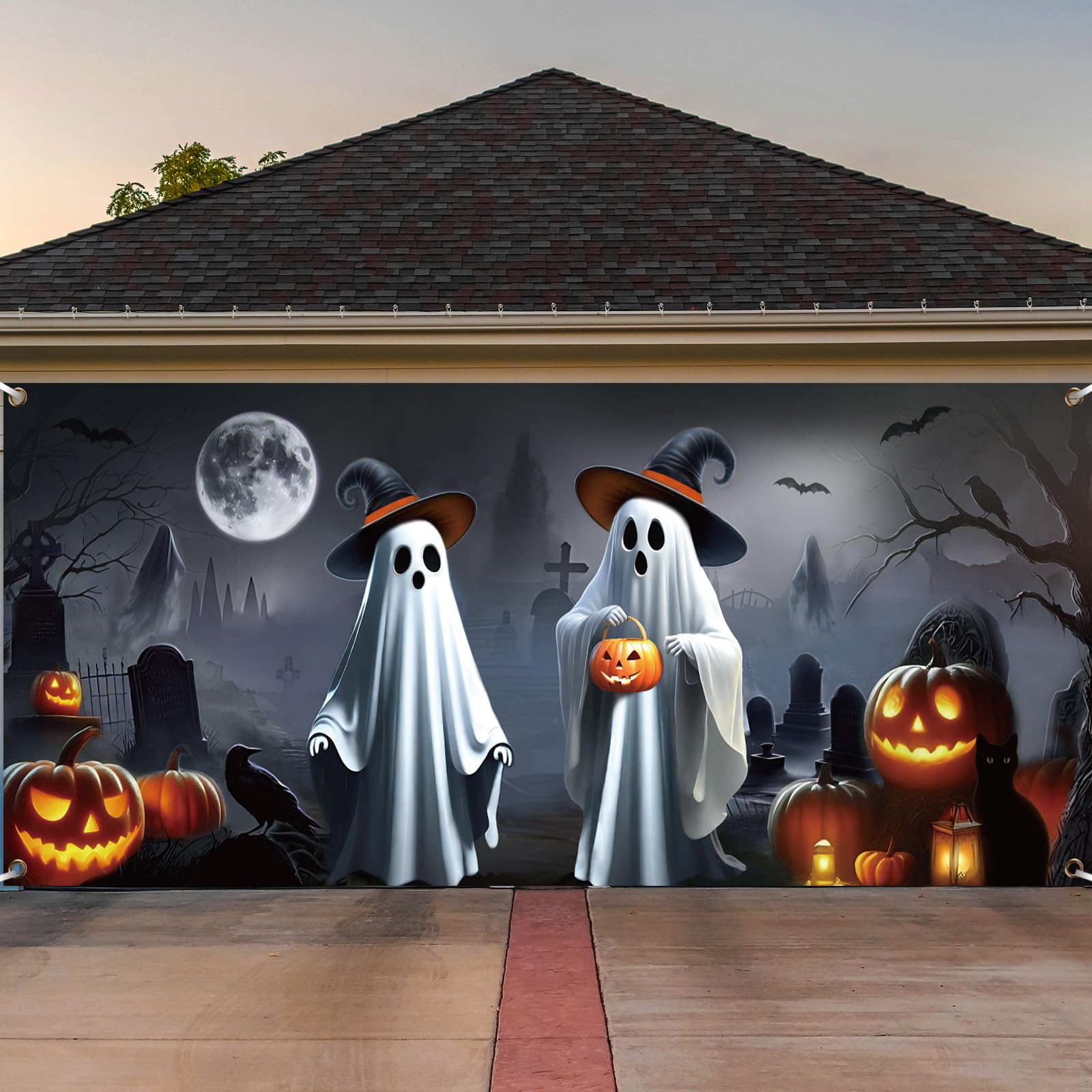 Photo 1 of Preboun Halloween Ghost Garage Door Decorations 7 x 16 ft Witch Ghost Door Cover Hanging Halloween Garage Banner Cauldron Backdrop Mural for Home Outdoor Indoor Spooky Party Wall Window Yard