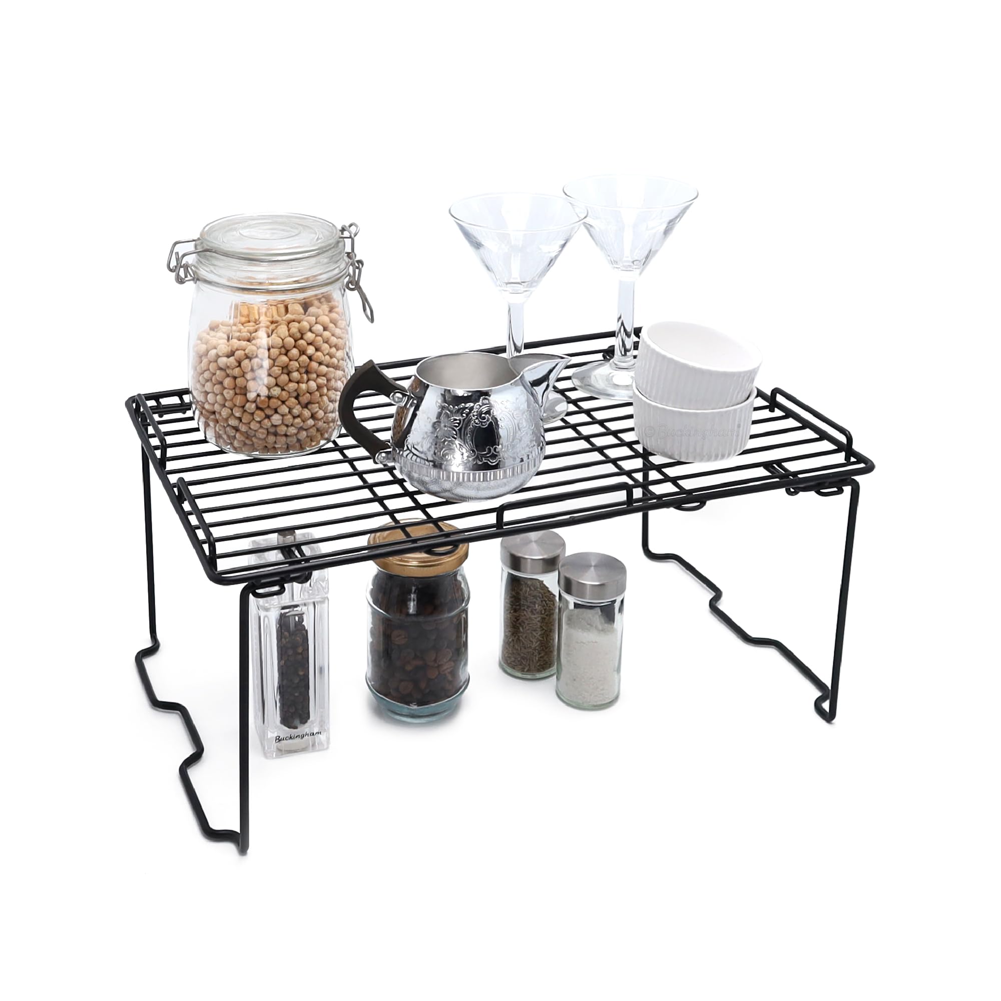 Buckingham Premium Foldable Shelf Rack Kitchen Storage Organiser Black Iron Wire Shelf for Cups Jars Cans Spices Durable Space Saver for Countertops Cabinets & Pantry 44 cm