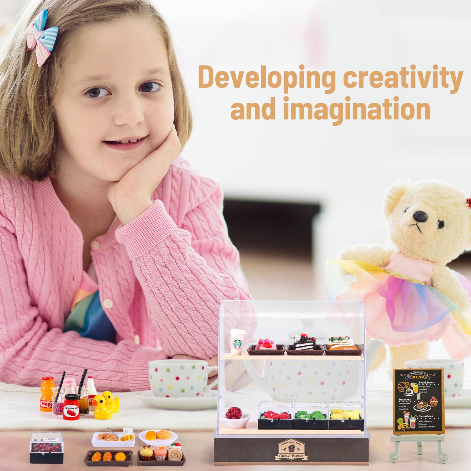 86 Pieces Miniature Bakery Case Cake Stand Display Cabinet with Food Set Mini Plastic Counter Dessert Donuts for 1:12 Doll House Store Scene Decoration Gift Dollhouse Bread Shop Model Playhouse