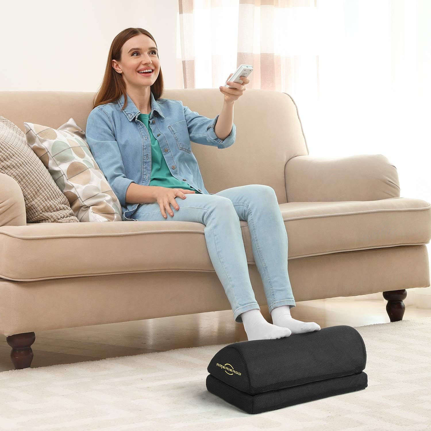 AMERIERGO Adjustable Foot Rest - Office Under Desk Foot Rest with 2 Adjustable Heights, Ergonomic Foot Rest with Non-Slip Bottom, Foot Rest Cushion with Mesh Breathable Washable Cover : Office Products