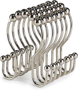 Goowin Shower Curtain Hooks, 12 Pcs Shower Curtain Rings, Stainless Steel Roller Rust-Resistant Balance Sliding Anti-Drop Double Shower Hooks for Curtain Bathroom Shower Curtains (Nickel)