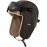 Peicees Vintage Aviator Hat and Goggles Waterproof Leather Trapper Hat with Ear Flaps Pilot Costume for Adult Ski Goggles