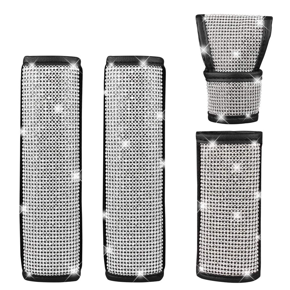 GES 2 Packs Univeral Diamond Leather Seat Belt Shoulder Pads for Women, Bling Rhinestones Car Bling Seat Belt Covers, Crystal Handbrake Cover, Bling Car Accessories 4 Pack Set Universal
