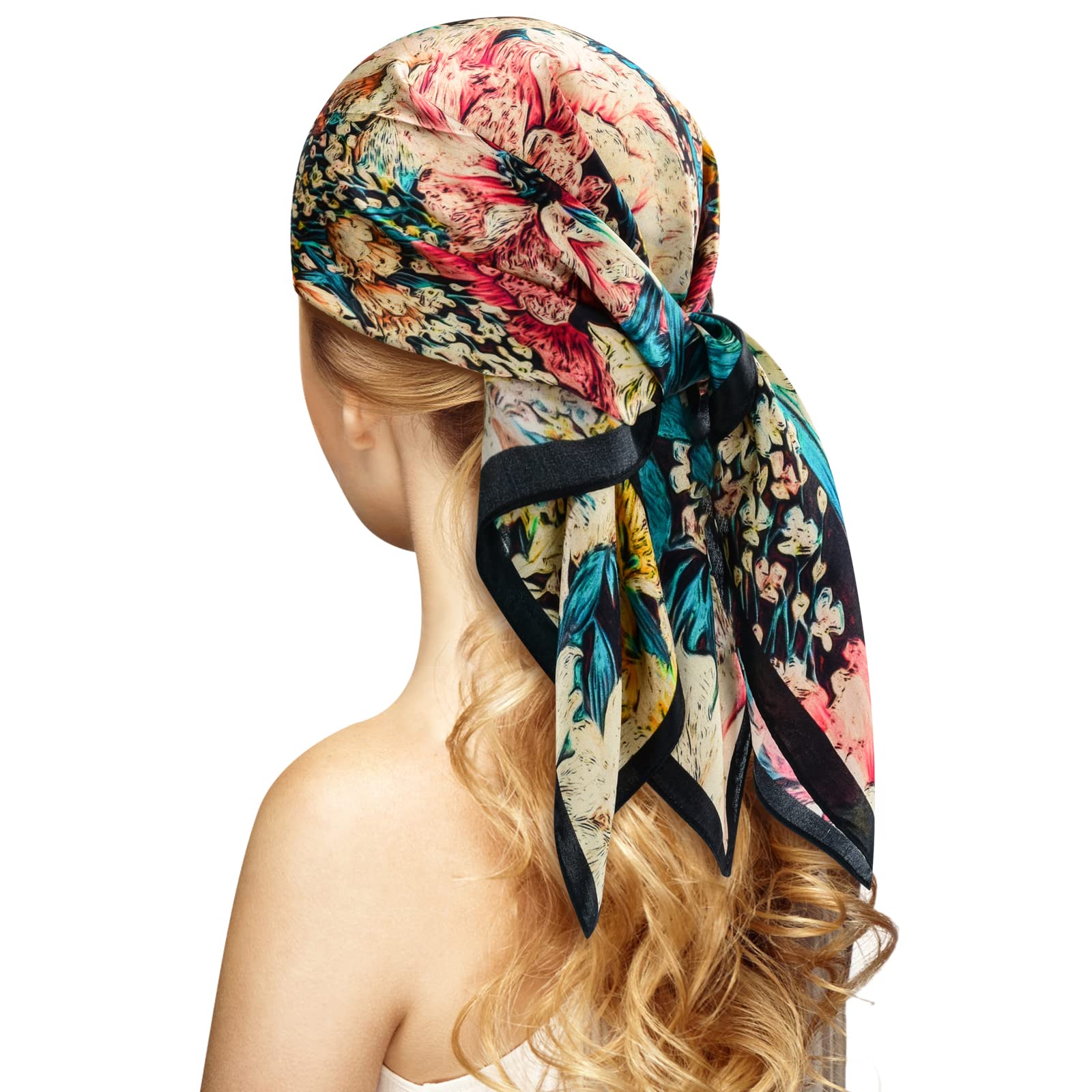 Photo 1 of 100% Silk Head Scarf for Women - 27" Hair Scarves Satin Bandanas Square for Night Sleeping with Gift Packed (Blue/Red/white/flower)