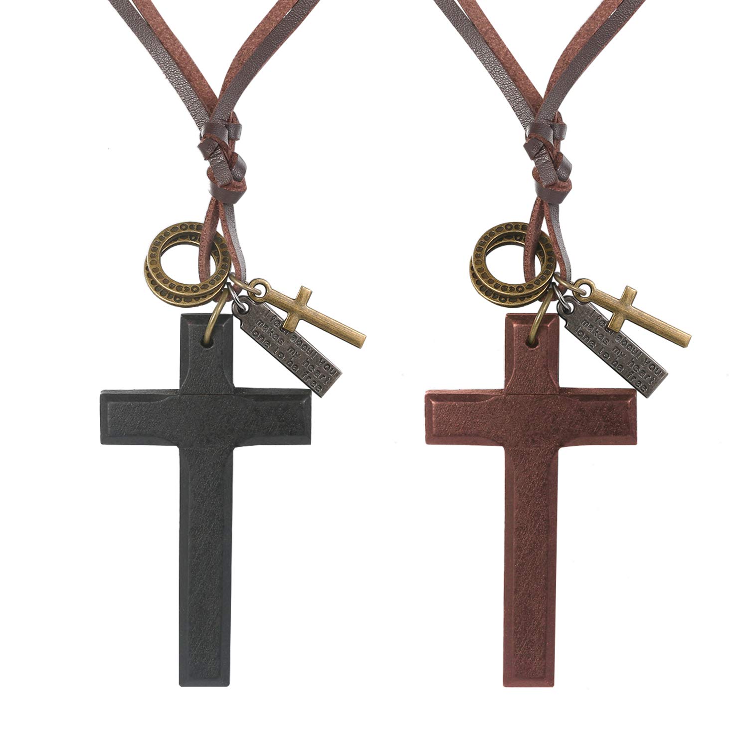 JewelryWe 2PCS Vintage Wood Cross Pendant Leather Cord Necklaces for Men Women,Adjustable