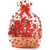 10 Sets Large Valentines Cellophane Bags(20x28 Inch) with Pull Bows Red Heart Gift Goodie Basket Stocking Stuffers Wrap Valentine Day Galentines Party Decorations Favors Supplies Holiday Baggies