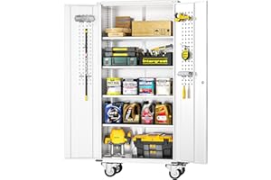 Bonusall 75" H Metal Storage Lockers with Wheels,Rolling Garage Cabinet with Locking Doors and 4 Adjustable Shelves,Metal Locker Organizer Cabinet for Garage,Office,Utility Room,Basement(White)