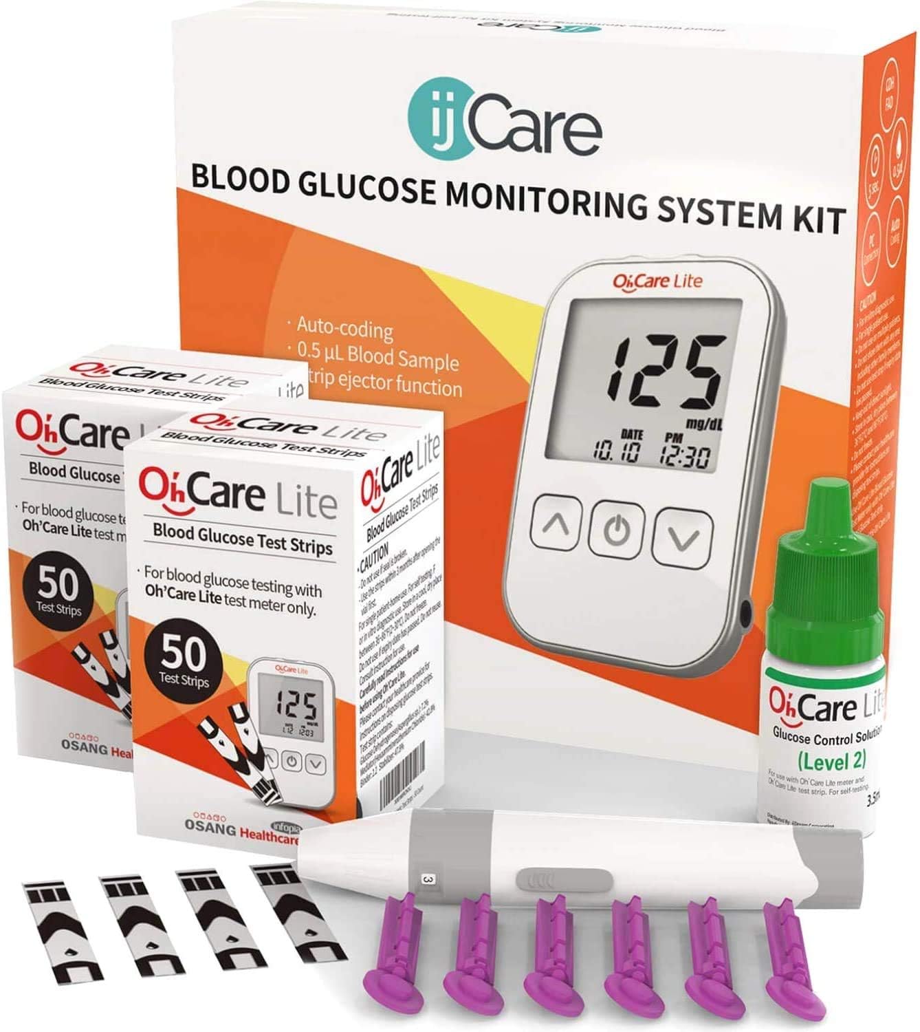 Oh’Care Lite Blood Sugar Test Kit – Blood Glucose Meter with Strips and Lancets, Lancing Device, Log, and Case - One Touch Eject Glucometer (110 Strips, 125 Lancets, Control Solution): Health & Personal Care