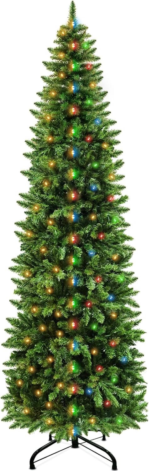 Trees - 7.5 Ft Prelit Pencil Christmas Tree, 350 Warm White & Multi Color Change Lights, 1150 Thick Branch Tips, Timer, 8 Modes, Fire Resistant, UL Plug, Metal Stand, Hinged Xmas Tree Decoration