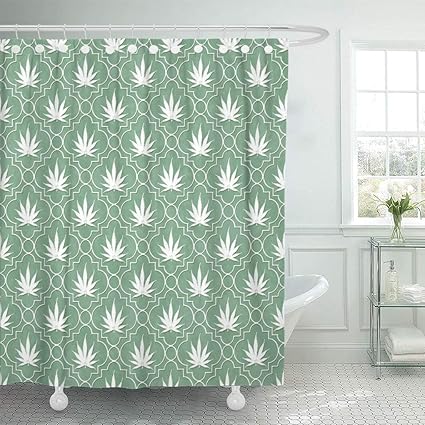 Green Marijuana Leaves Pattern Waterproof Fabric Shower Curtain Set Bathroom Mat