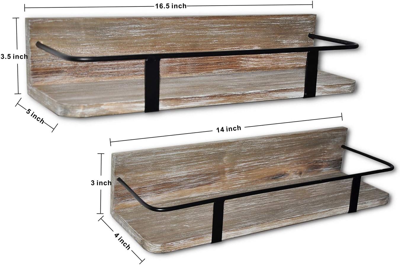 Spiretro Set of 2 (Large & Small) Grey Wall Mount Floating Shelves Rustic Torched Wood Espresso Black Metal Rail Storage Organize and Display for Living Room Bedroom Kitchen Room Bathroom Closet: Home & Kitchen