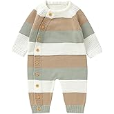 Licupiee Newborn Girl Boy Striped Sweater Romper Fall Long Sleeve Full Length Playsuit Winter Warm Button Up Knitted Jumpsuit