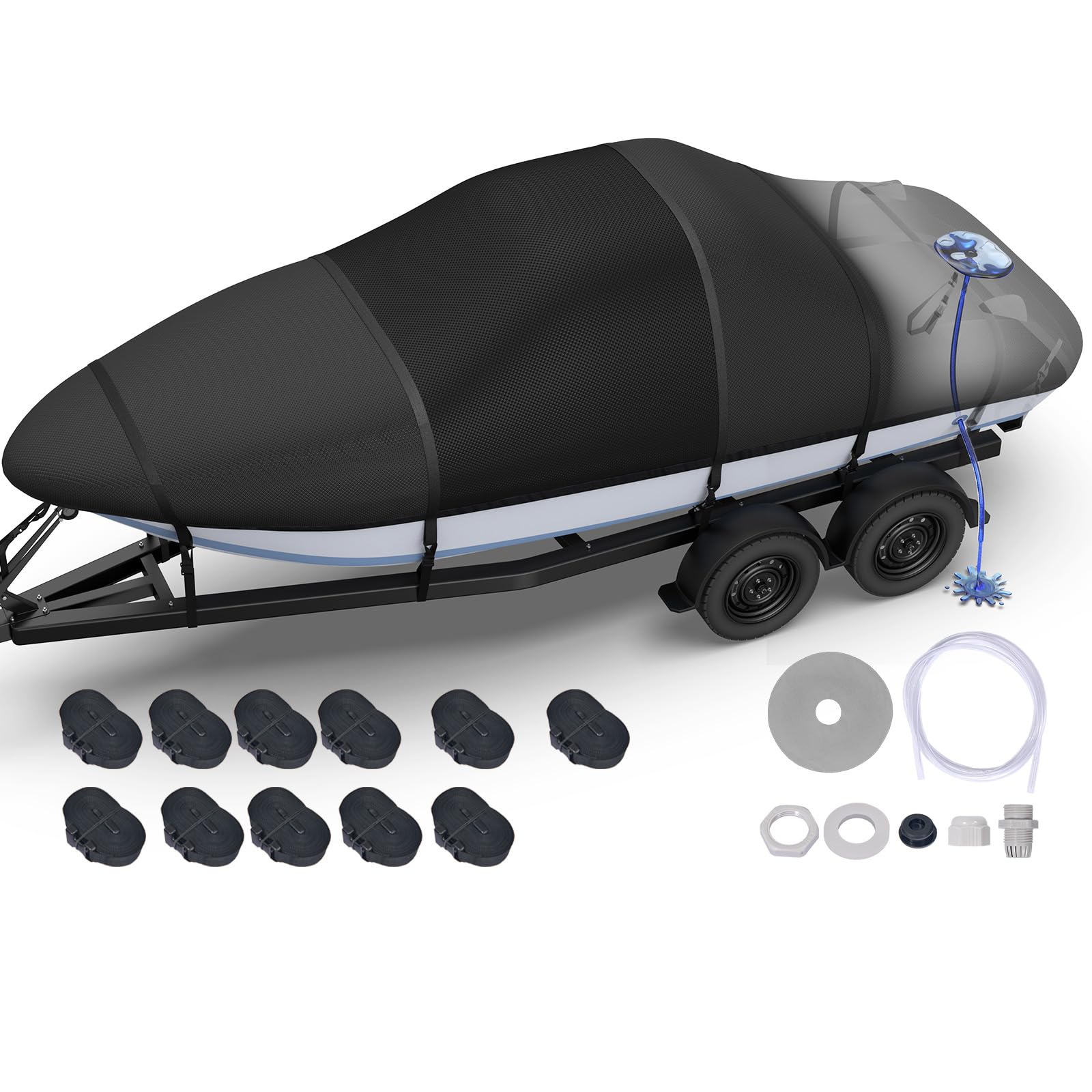 Photo 1 of Fonzier Boat Cover with Fast Drainage Kits, 1400D Middle Reinforced Heavy Duty Waterproof Polyester Canvas with Storage Bag Fits 22'-24' V-Hull, Tri-Hull, Runabout Bass Boat, Fish & Ski, Black
