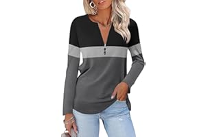 Womens Color Block Quarter Zip Tunic Top Pullover Casual Loose Shirt Wear Fall Spring