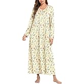 Ekouaer Women's Long Sleeve Nightgown Full Length Sleepwear Long Sleepshirts Henley Sleep Dress S-4XL