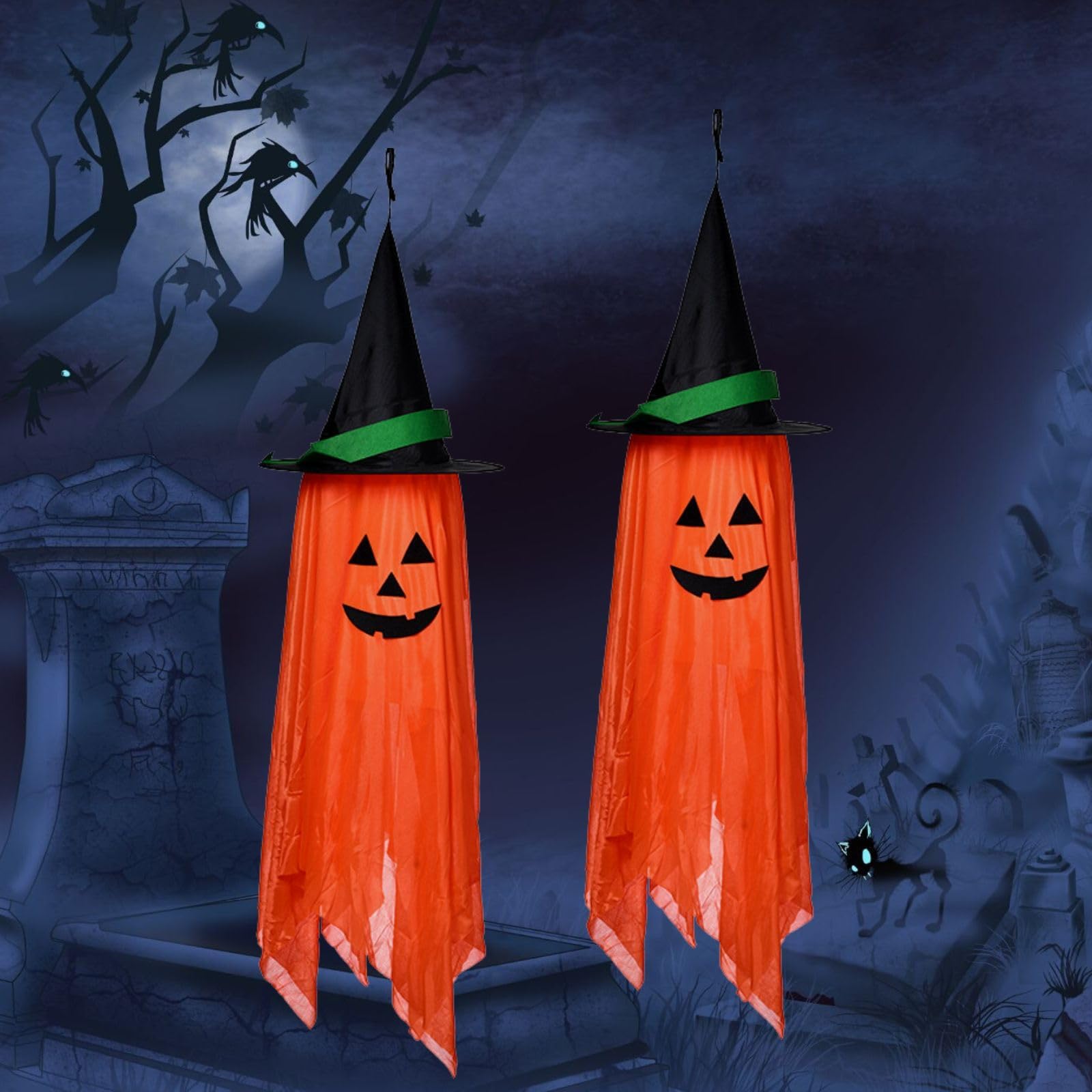 Photo 1 of 2 Pack Ghost & Witch Halloween Hanging Decorations - Cute Pumpkin Ornaments for Outdoor Party