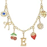 Initial Charm Necklace for Women, Evil Eye Four-Leaf Clover Sun Bow Cherry Strawberry Removable Charms Necklace Paper Clip Chain Choker, Trendy Jewelry Birthday Christmas Gifts for Her (Letter E )