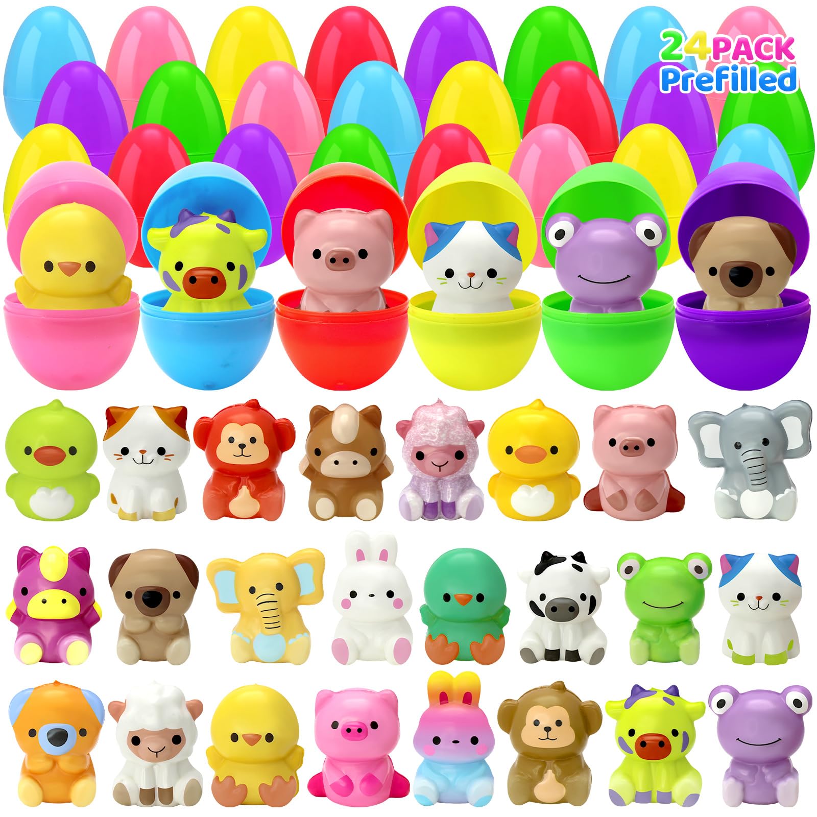 BCUEIDO 24pcs Prefilled Easter Eggs with Animal Squishy Toys for Basket Stuffers, Easter Favors, Easter Hunt