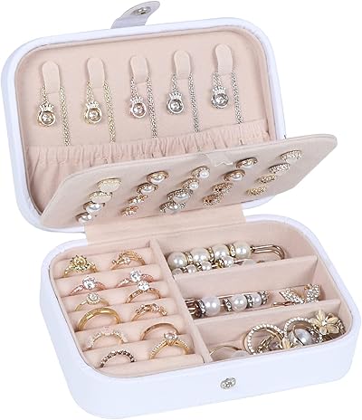Kleine Schmuckschatulle, doppellagig, Reise-Schmuck-Organizer für Frauen und Mädchen, PU-Leder, tragbar, Mini-Reise-Etui, Präsentationsständer, Schmuckbox für Ohrringe, Halsketten, Armbänder – Weiß