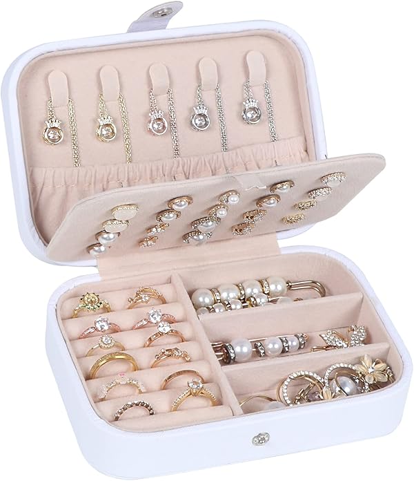 Kleine Schmuckschatulle, doppellagig, Reise-Schmuck-Organizer für Frauen und Mädchen, PU-Leder, tragbar, Mini-Reise-Etui, Präsentationsständer, Schmuckbox für Ohrringe, Halsketten, Armbänder – Weiß