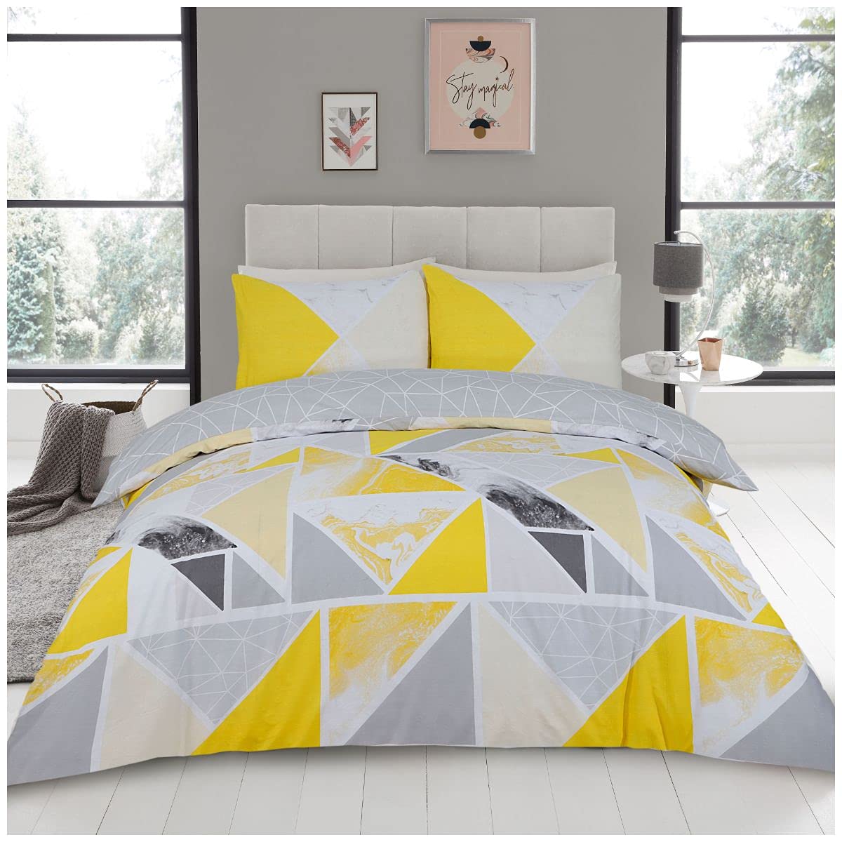 GC GAVENO CAVAILIA Geometric Duvet Covers Single, Breathable Marble Bedding & Linen, Cosy Bed Comforter Cover, Ochre/Grey, 686705