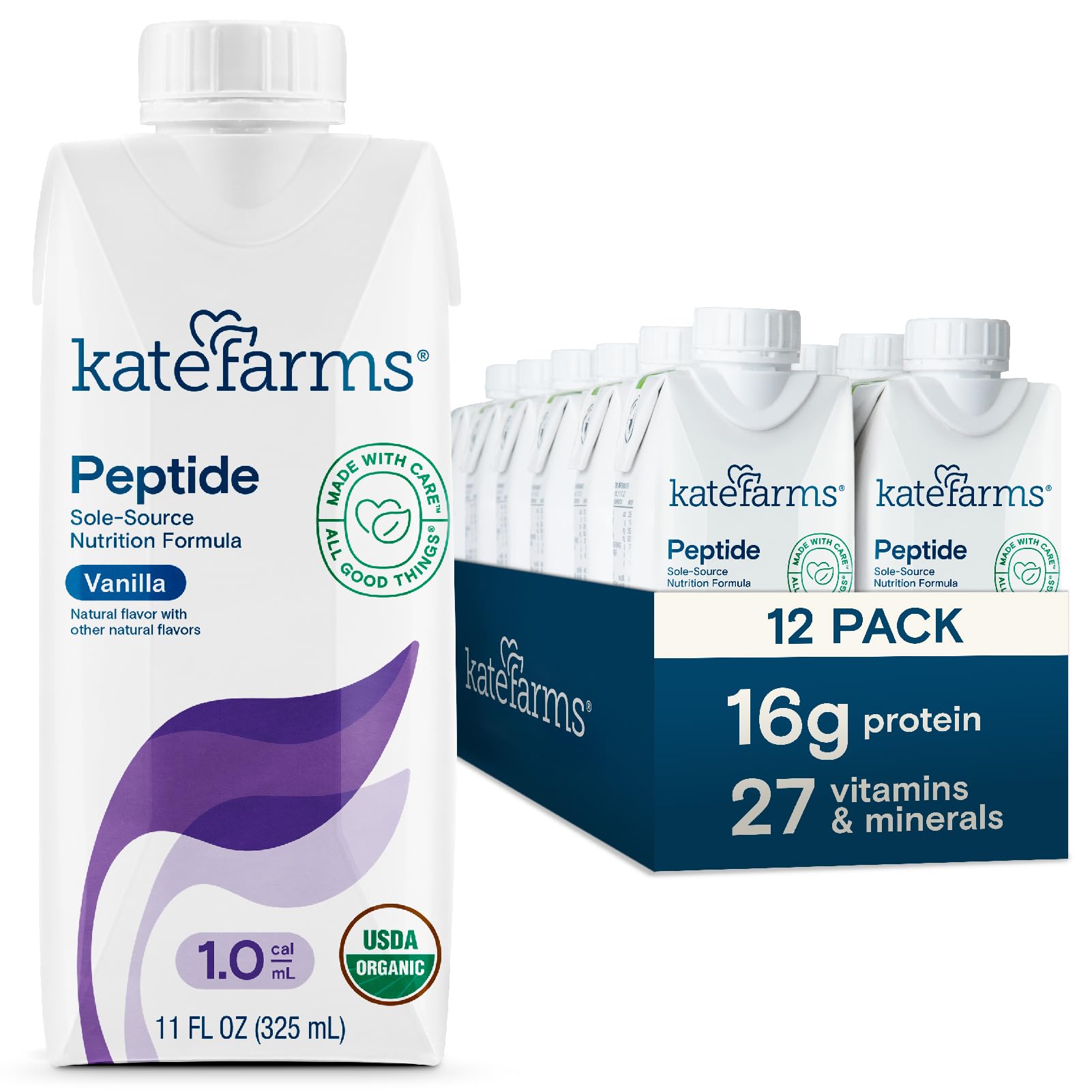 KATE FARMS Organic Adult Peptide 1.0 Formula, Vanilla, Sole-Source, Hydrolyzed Plant-Based Nutrition for Oral or Tube Feeding, 11 Fl oz (12 Pack) KATE FARMS Organic Adult Peptide 1.0 Formula, Vanilla, Sole-Source, Hydrolyzed Plant-Based Nutrition for Oral or Tube Feeding, 11 Fl oz (12 Pack)