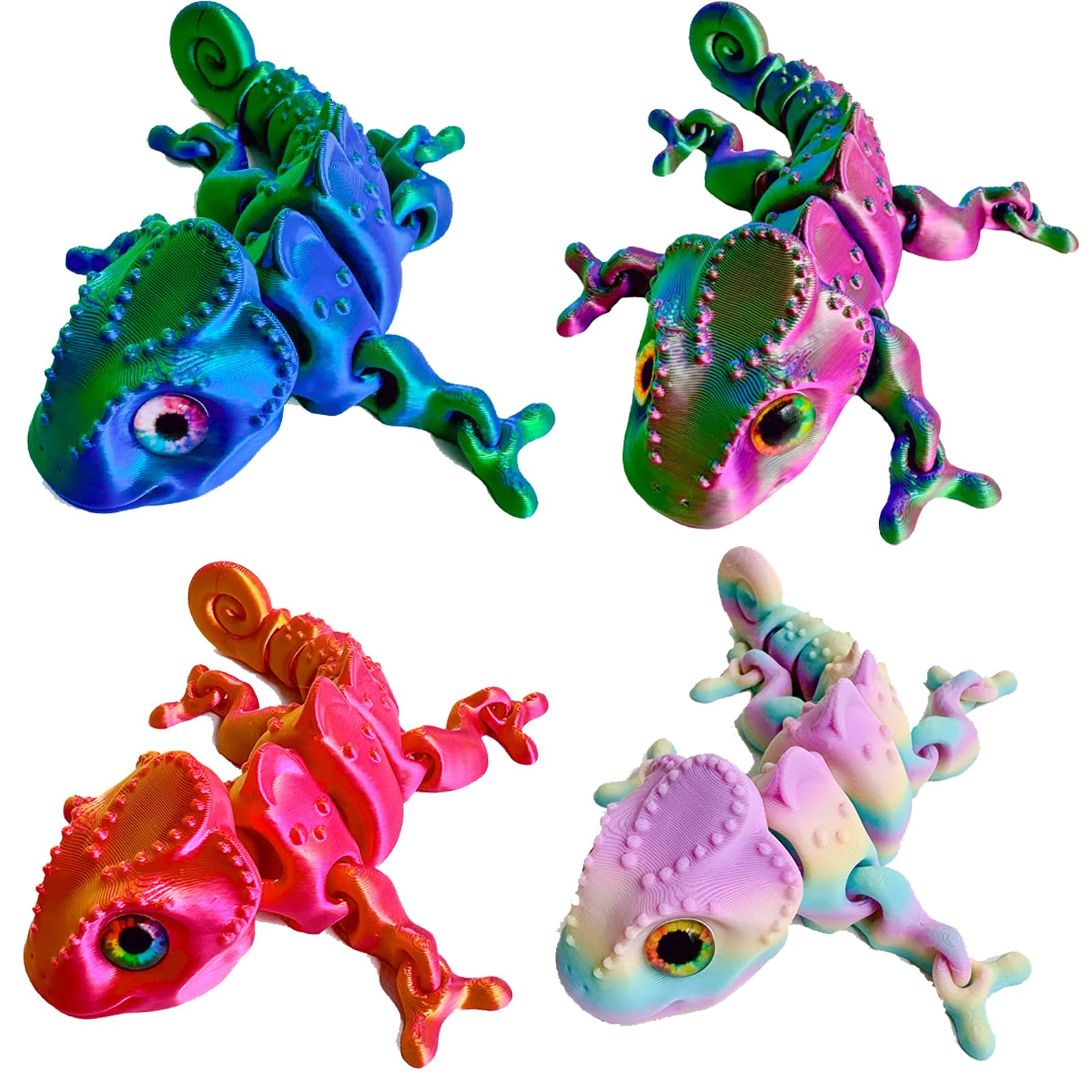 4 PCS 3D Printed Lizard, Color Changing Chameleons, 10*6*2cm 3D Printed Animals, Creative Bearded Dragon Fidget Toy, Unique Rainbow, Laser Red, Laser Green, and Multicolor Set
