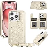 KYFSJPT Crossbody Wallet Case for iPhone 14 Pro(6.1") with Detachable Strap - PU Leather Flip Folio with Card Slots & RFID Blocking, Sparkling Diamond Accents-Beige