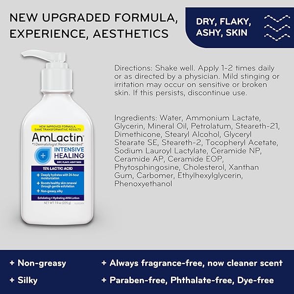 AMLACTIN INTENSIVE HEALING BODY LOTION FOR DRY SKIN, 7.9 OZ PUMP BOTTLE, 2-IN-1 EXFOLIATOR AND MOISTURIZER WITH CERAMIDES AND 15% LACTIC ACID FOR 24-HOUR RELIEF FROM DRY SKIN (PACKAGING MAY VARY)