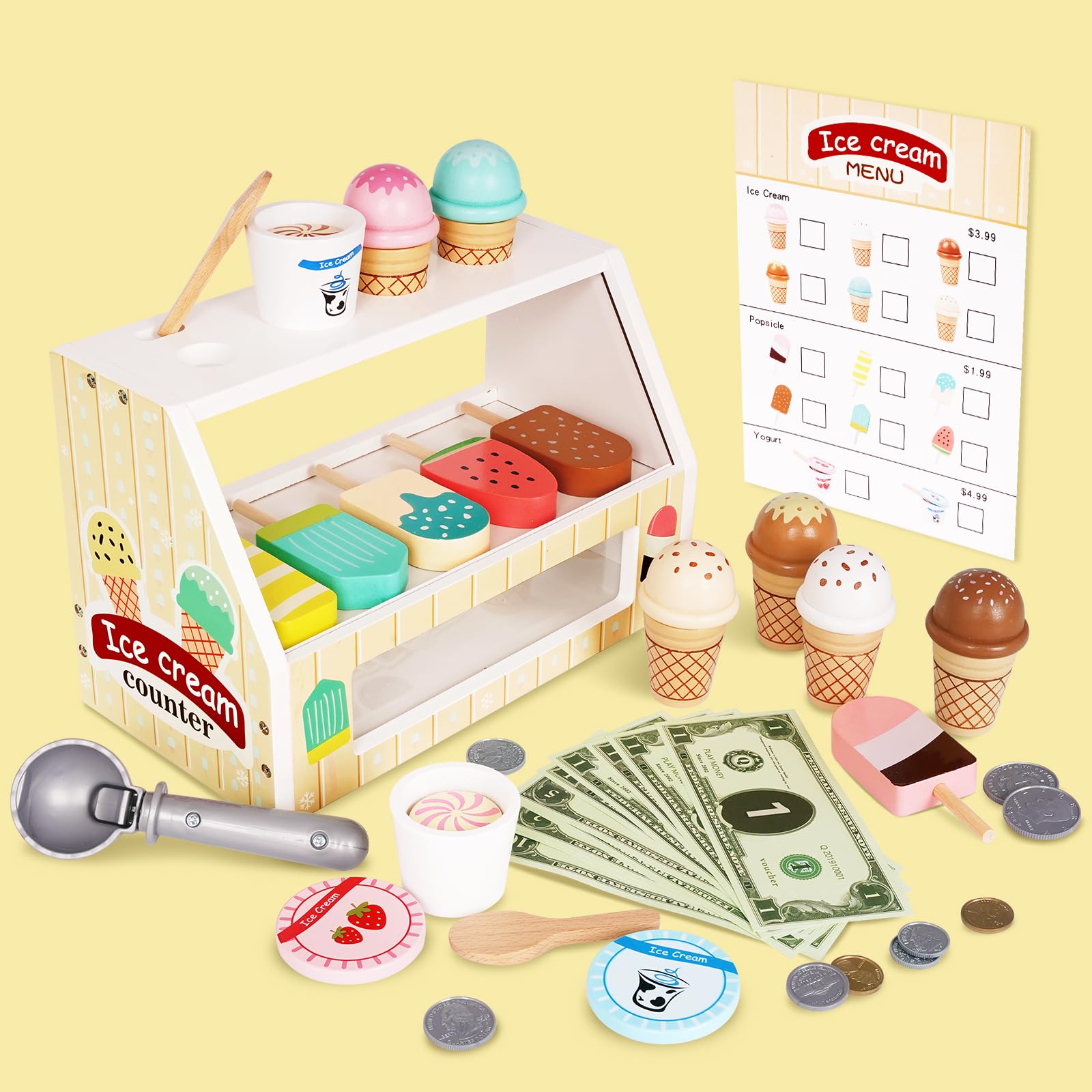 Photo 1 of Ice Cream Counter Playset for Kids, Montessori Pretend Play Food Toys Kitchen Accessories Wooden Popsicle Set with Scoop & Fake Cash,Ice Cream Shop Toys Toddler Learning Toy for Kids