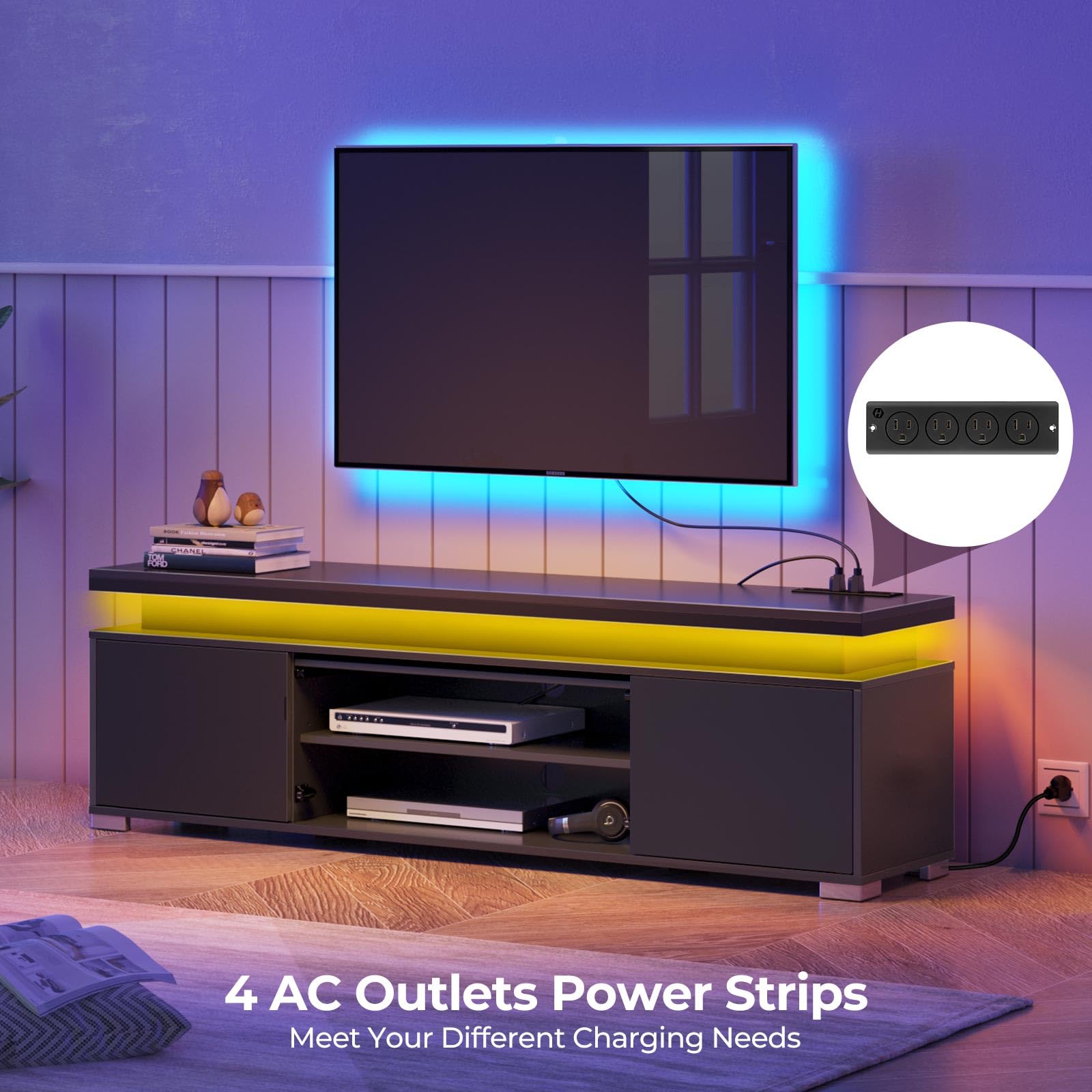 Rolanstar TV Stand with Power Outlet & LED Lights, Modern Entertainment Center for 32/43/50/55/65 Inchs TVs, TV Table, Universal Gaming LED TV Media Stand with Large Storage Cabinet, Black