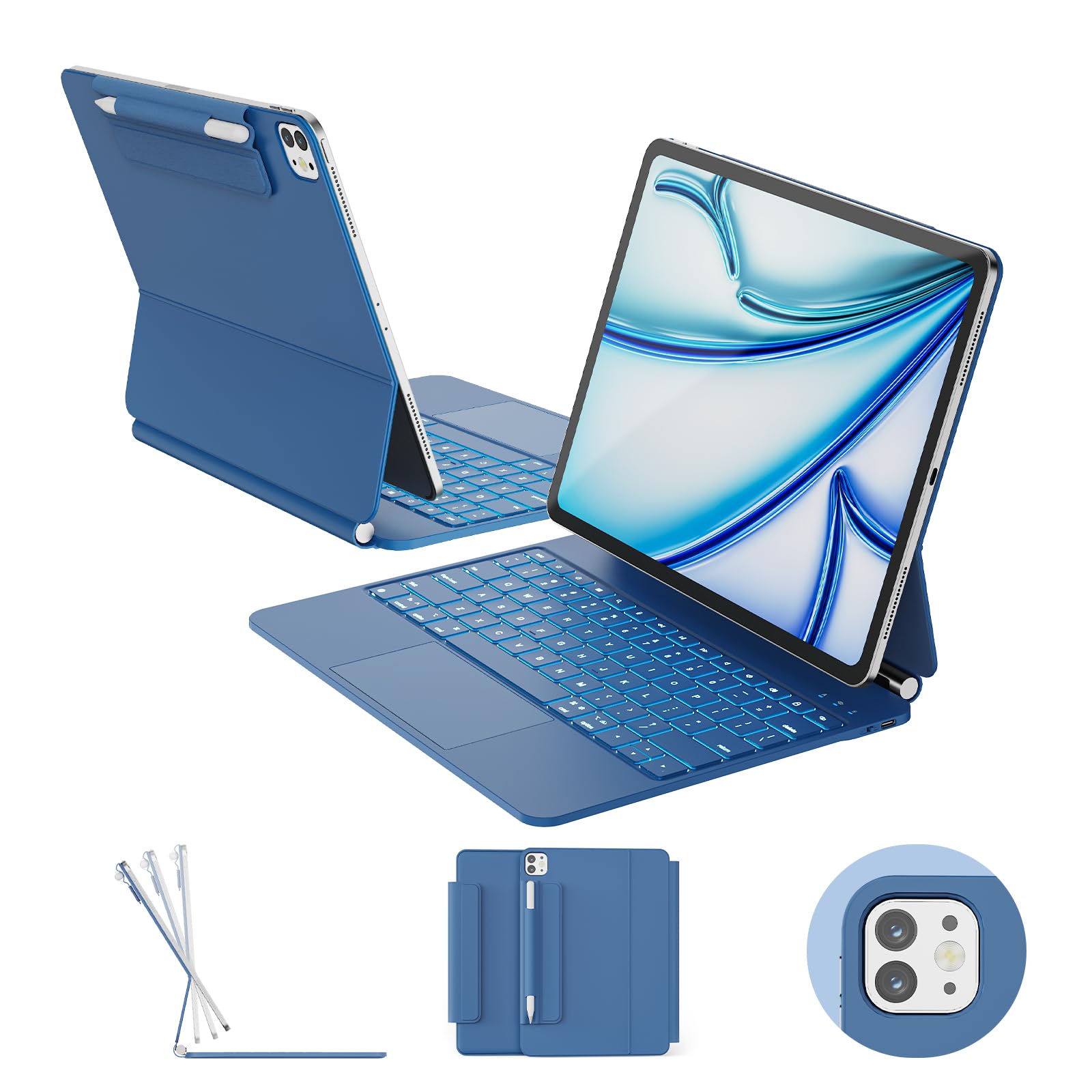 Photo 1 of RAYMCRAFT for iPad Air 13-inch Case with Keyboard M4/M3/M2 (2026/2025/2024) & iPad Pro 12.9" (6th/5th/4th/3rd) Magic Keyboard, 11-Color Backlight with Pencil Buckle, Multi-Touch Trackpad, Steel Blue