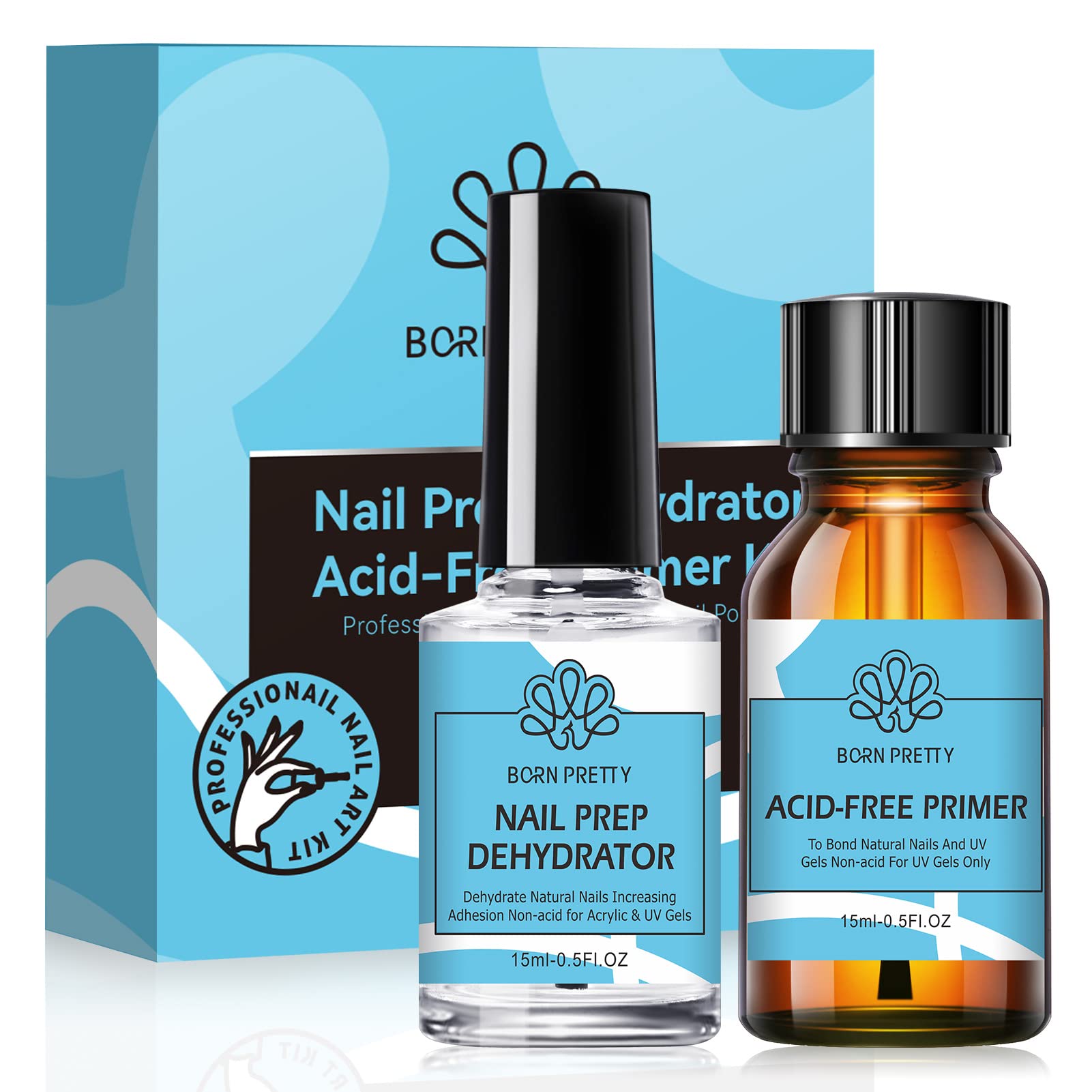 BORN PRETTY Nail Dehydrator and Primer Set, 2Pcs 15ml Acid Free Natural Nail Prep Dehydrate & Professional Nail Bond Primer, Air Dry Superior Bonding for Gel Polish, Acrylic Powder Supplies Set