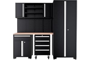 EVASTAR HOME Evastar Garage Storage Cabinet, 8-Piece Heavy Duty Steel Wall Mounted Garage Storage Systems, Garage Tools Organization Set with Locker, Drawer Cabinet, Pegboard and Wooden Workbench, Black
